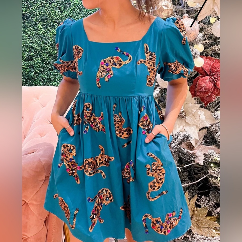 QUEEN OF SPARKLES TEAL LEOPARD DRESS